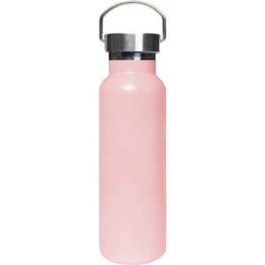 A drink bottle with a stainless steel lid, featuring a pink double wall design. It has a handle and a logo.