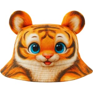 A bucket hat featuring a tiger design with vibrant orange and yellow colours and playful animal ears on top.