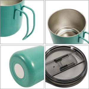 A camping stainless steel insulated mug in teal, featuring a handle and a clear lid with a sealing mechanism.