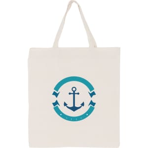A cream-coloured calico bag with a short handle, featuring a logo with an anchor design.