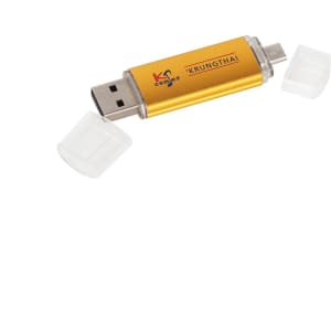 A double-end flash drive in gold with clear caps, featuring a logo on its body.