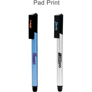 A 3 in 1 stylus USB pen in blue and silver, featuring branding on both pens and a sleek design.