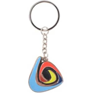 A custom-shaped embossed soft enamel keyring featuring blue, red, yellow, and black hues with a metal keychain.