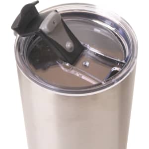 A drink bottle with a stainless steel body and a clear lid featuring a black opening mechanism.