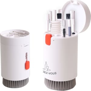 A white 20 in 1 cleaning kit featuring various brushes and tools stored in a compact case with a brush base.