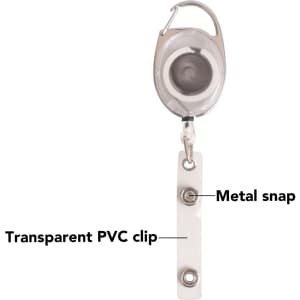 A retractable oval card holder with a metal snap and a transparent PVC clip, featuring a silver finish.