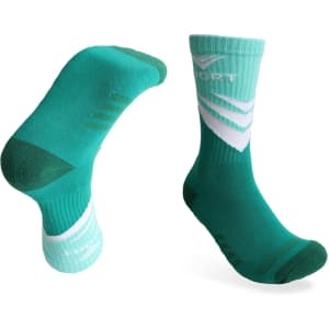 Turquoise sport socks featuring a towel bottom and a brand logo. Designed for comfort and performance in active wear.
