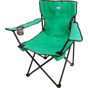 A green foldable portable camping chair with two armrests and a cup holder, featuring a logo on the back.