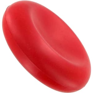 A red cell-shaped stress reliever with a smooth finish and rounded edges. It features a logo on one side.