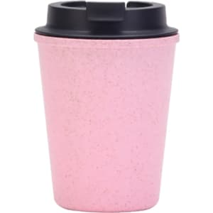 A drink bottle featuring a pink double wall design and a black lid, with a branding logo.