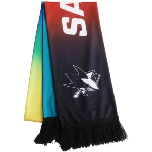 A multi-coloured scarf featuring a gradient from red to blue, with black fringes and a logo.
