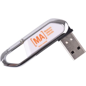A silver mini carabiner flash drive with a white and orange branding element.
