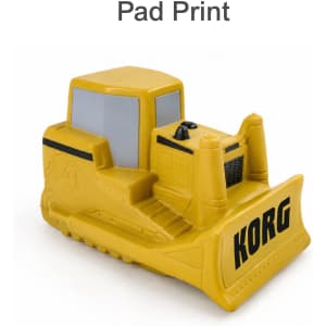 A yellow bulldozer-shaped stress reliever with a dark grey cabin and a logo on the side.