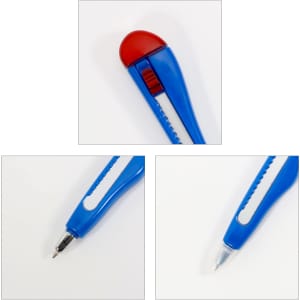 A blue pen shaped like a knife, featuring a red cap and silver accents, with a logo visible.