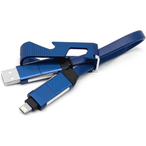 A blue 60W charging cable with a phone stand and opener, featuring a branded logo.