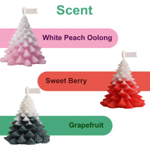 Christmas tree-shaped candles in pink, red, and green, featuring scents like White Peach Oolong, Sweet Berry, and Grapefruit.