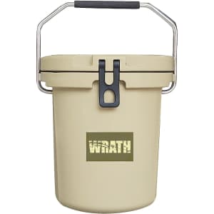 A 15L ice bucket in a light tan colour with a black handle and a logo on the front.