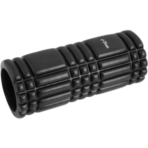 A black foam massage roller with a textured surface and branding, featuring a cylindrical shape.