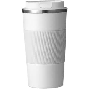 A stainless steel travel coffee mug in white with a textured silicone grip and a silver lid. Features a logo.