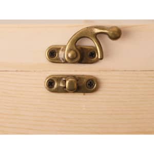 A wooden box with a brass latch, designed for holding two bottles. The wood is light in colour.