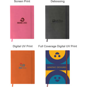 A pink and a dark grey notebook with elastic closures and various printed designs on the covers.