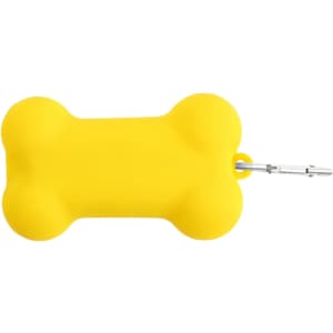 A yellow silicone bone-shaped dog poop bag dispenser with a metal clip.
