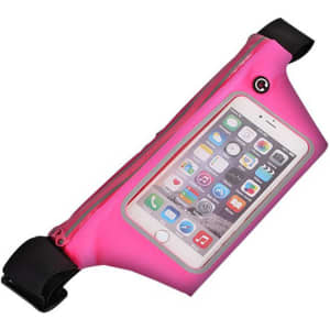 A pink sports waist bag with a transparent pocket designed to hold a mobile phone, featuring an adjustable strap.