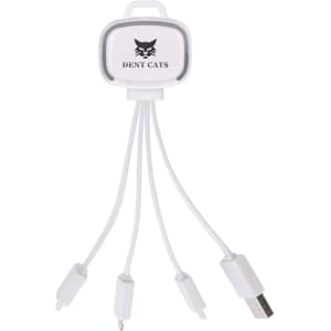 A white LED charging cable with multiple connectors and a logo, featuring a USB and two other connectors.