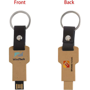 An eco-friendly mini flash drive keychain in brown with a black keyring, featuring logos on both sides.