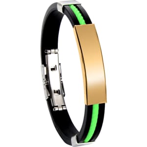 A bracelet featuring a gold clasp with black and green silicone accents. It includes a branding element.