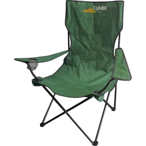 A large, foldable portable camping chair in green with armrests and a logo on the back.