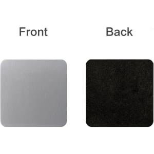 A square metal coaster featuring a brushed silver front and a black, textured back. It has a branding logo.