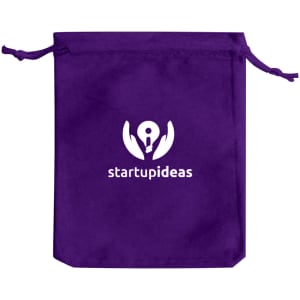 A purple velvet drawstring bag with a logo on the front. The bag features a drawstring closure.