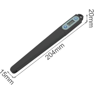 A black instant read meat thermometer with a long probe and a digital display, featuring dimensions noted in the image.