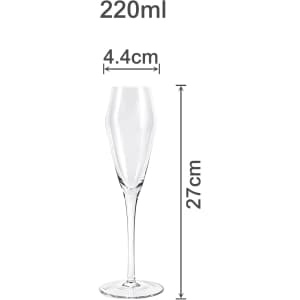 A clear tulip champagne glass, measuring 27 cm tall and 4.4 cm wide, with a sleek and elegant design.