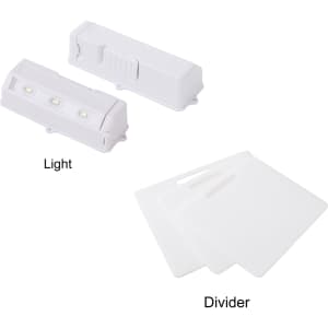 A light unit and three white dividers are displayed, showcasing a compact design and versatile functionality.