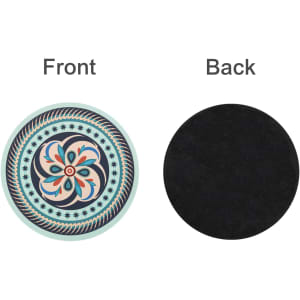 A round trivet featuring a decorative floral design in pastel colours on one side and a black textured surface on the reverse.