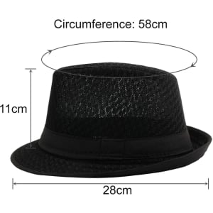 A black mesh breathable top hat with a wide brim and decorative band, featuring dimensions of 58cm circumference and 11cm height.