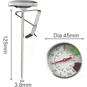 A stainless steel instant read dial thermometer with a silver finish and a round gauge displaying temperature markings.