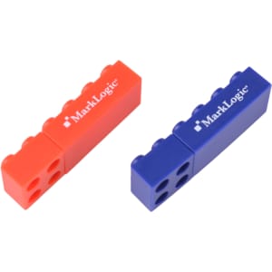 A stackable brick flash drive in red and blue colours, featuring a logo on each piece.