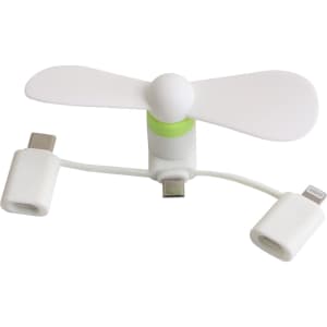 A compact white smartphone fan with green accents, featuring connectors for different phone types and a small propeller.