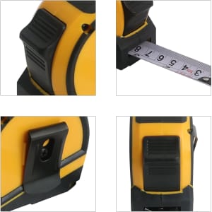 A tape measure in yellow and black, featuring a retractable measuring tape and a locking mechanism.