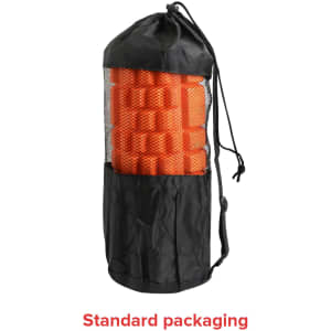 A black storage bag with a mesh panel containing multiple orange foam yoga rollers inside.