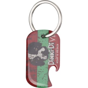 A drink bottle opener keyring in red, green, and black with a dog-themed design and a metal keyring.
