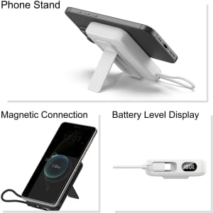 A white magnetic wireless power bank with a charging cable, phone stand, and battery level display.