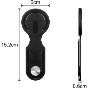 A plastic magnetic phone holder for laptop in black with dimensions marked: 15.2 cm height, 6 cm width, and 0.6 cm depth.