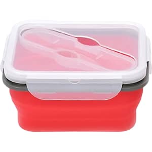 A reusable silicone food storage container in red with a clear lid and grey lock.