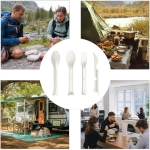 A portable utensils set in white includes a spoon, fork, and knife, ideal for outdoor and indoor dining.