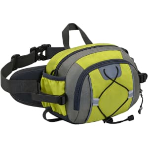 A drink bottle holder is attached to a grey and fluorescent yellow waist bag with multiple compartments and a logo.