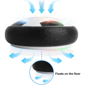 A hover soccer ball with a black and white design, featuring a logo, that floats on the floor.